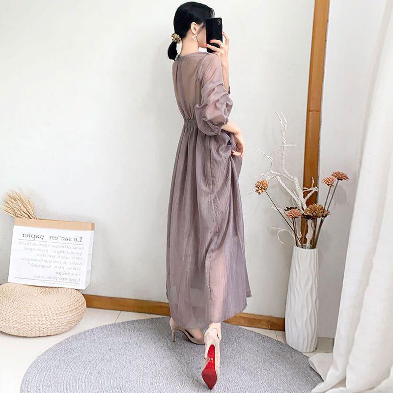 Women's Elegant Mesh Long Skirt, Monochromatic, V-Neck, Casual, Office Clothes, Lady, Summer Fashion