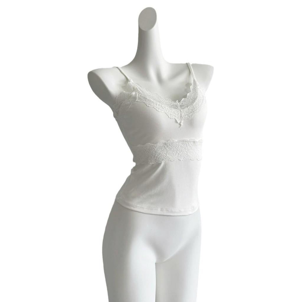 Elegant White V-Neck Lace Camisole with Chest Pad for Women
