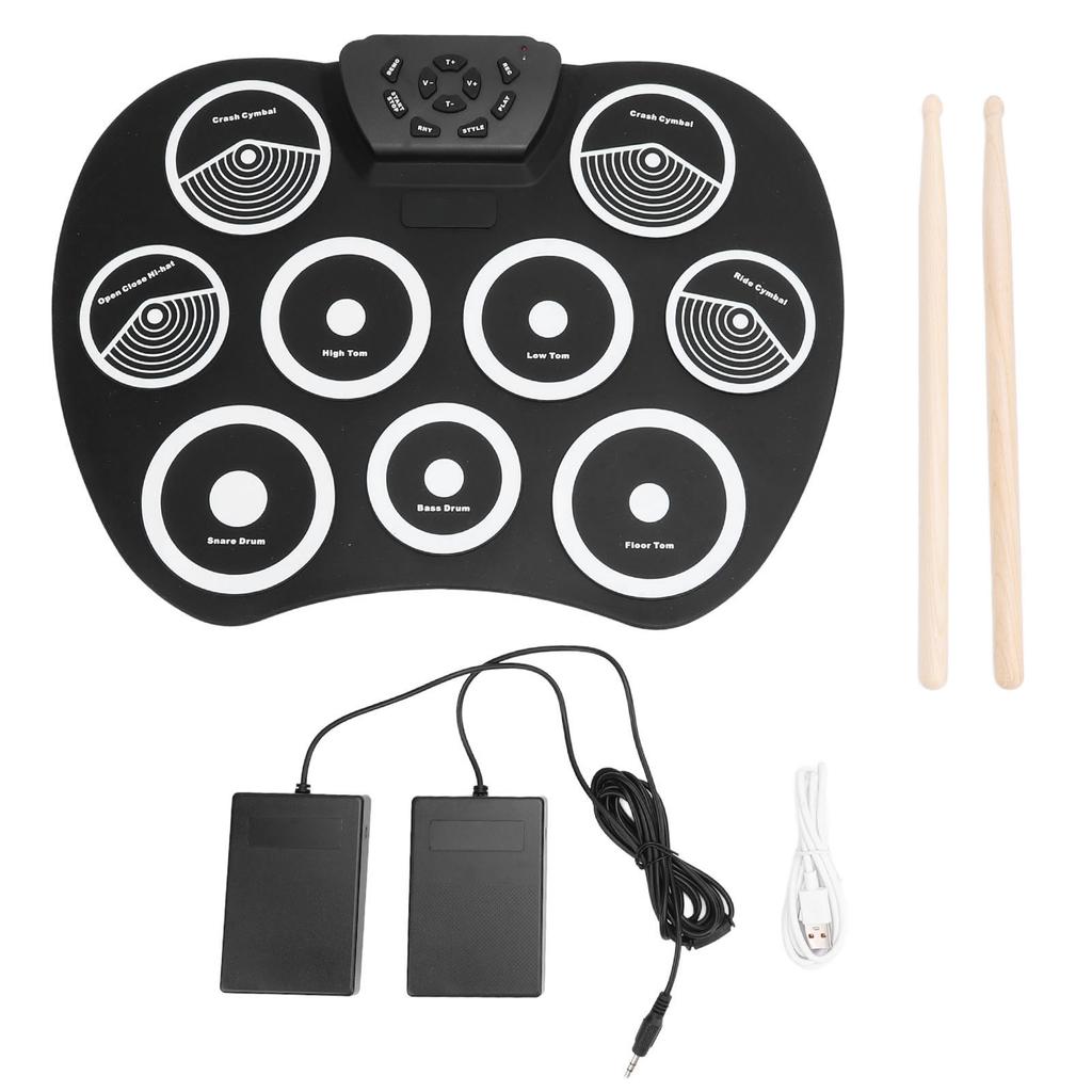 Batería Electrónica con 9 Pads de Práctica Jack de 3.5mm Silicona 7 Tonos 10 Ritmos 10 Canciones Demo Roll