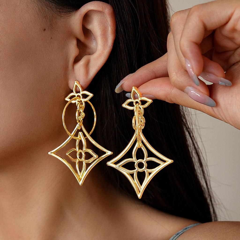 18K Real Gold Electroplated Hollow Flower Rhombus Silver Needle Earrings Cold Wind Niche Earrings