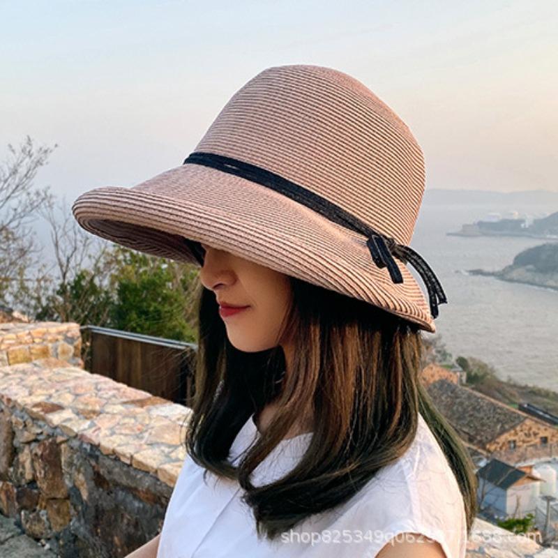 Sunscreen straw hat women's summer foldable beach hat women's seaside vacation sunshade bucket hat bow basin hat