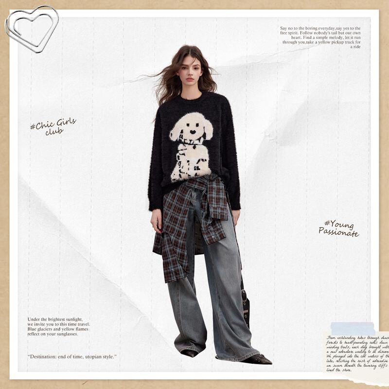 UNIFREE Contrast Dog Pattern Loose Pullover Sweater