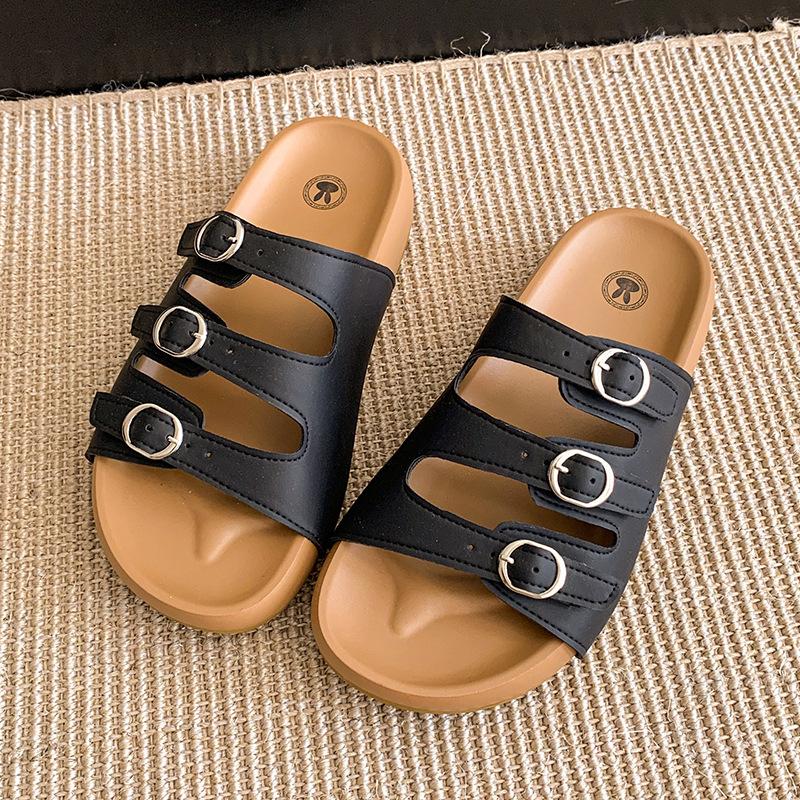 

2025 новые французские ретро шлепанцы на толстой подошве с тремя ремешками Boken для женской летней носки, повседневные и универсальные пляжные сандалии для женщин 40 чёрный