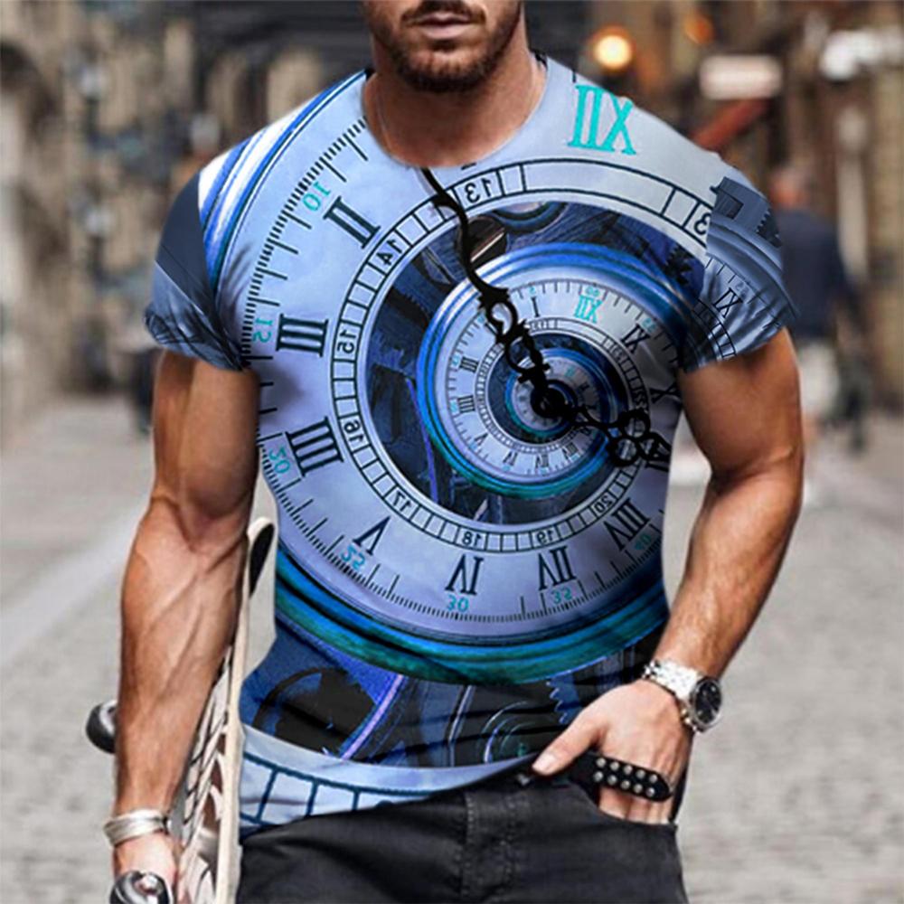 2024 Men's Vintage Clock Print T-Shirt Men's Street Casual Wear Men's Summer Fashion Top Men's Sports Sweat Wicks Short Sleeve