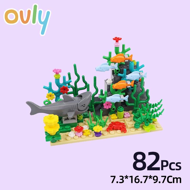 Ovly DIY Kreative Unterwasser Welt Abenteuer Hai Teufel Fisch Ozeane Tier Pflanze Aquarium Display Kleine Partikel Bausteine Set für MOC