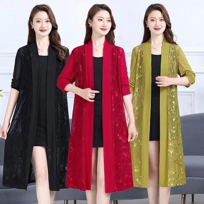 Commute Gauze Jacquard Weave Open Stitch Spring Summer Casual Long Sleeve Women's Clothing Stylish Spliced Straight Midi Blouse