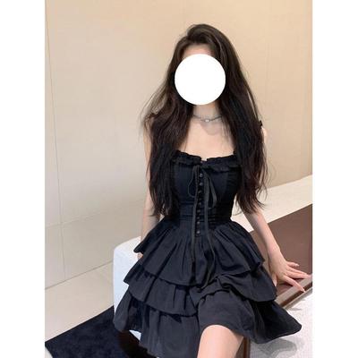 Summer Small Waist Fluffy Cake Dress Waist Thin Black Dress
