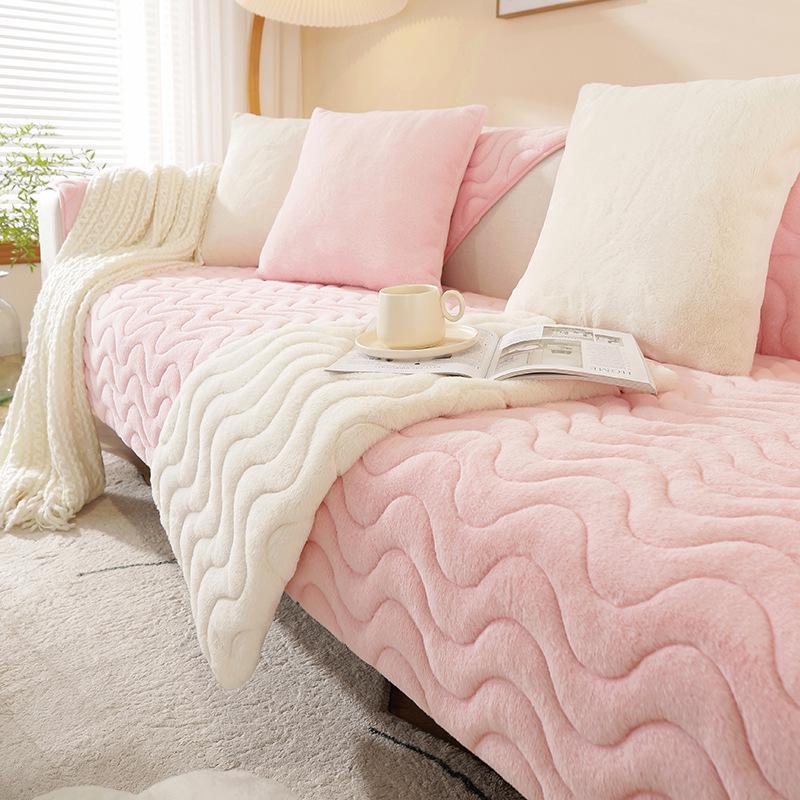 Thick Plush Striped Winter Sofa Cushion - Non-Slip, Soft, Imitation Rabbit Fur