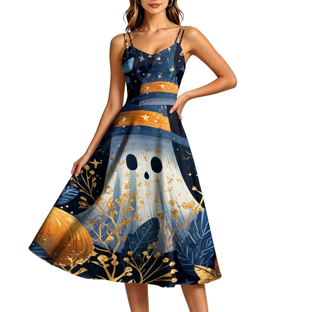 Women's Fashion Casual Sleeveless Round Neck Halloween Print Dress for Party and Daily Wear