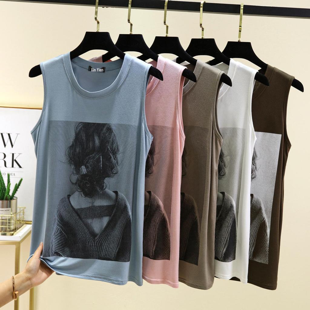 Letnia Bezrękawnikowa Kamizelka z Okrągłym Dekoltem i Nadrukiem z Modal