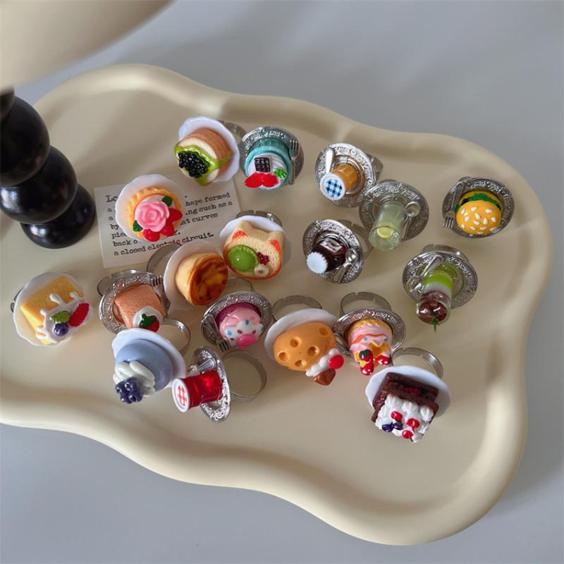 Cute 3D Food Dessert Shaped Resin Rings Adjustable Size Cartoon Design For Girls Daily Wear Party Cosplay Gifts