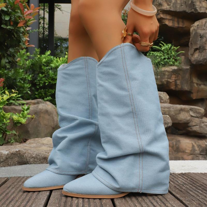 New Trouser Heel Boots Women Pointed Toe Block Heel Vintage Versatile No Knee Western Denim Tall Knight Boots