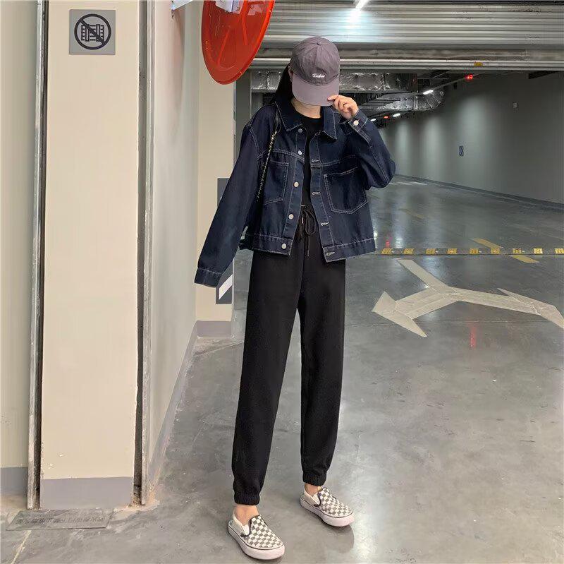 Women's Dark Blue Denim Jacket - Workwear Style, Autumn Korean Fashion, Casual Pocket Design, Slim Fit.