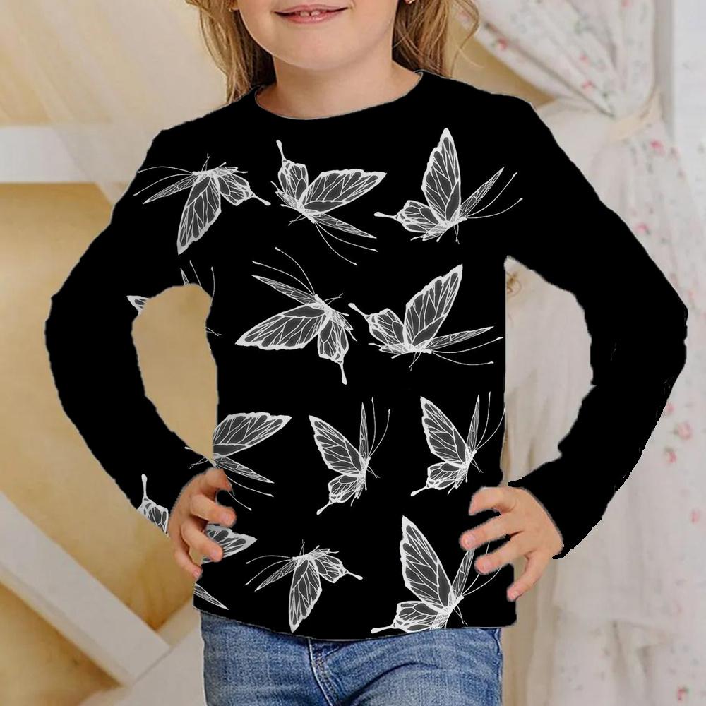 Spring and Autumn Round Neck Butterfly Pattern 3D Printed Top Fashionable Casual Long Sleeved Children's Girl T-shirts