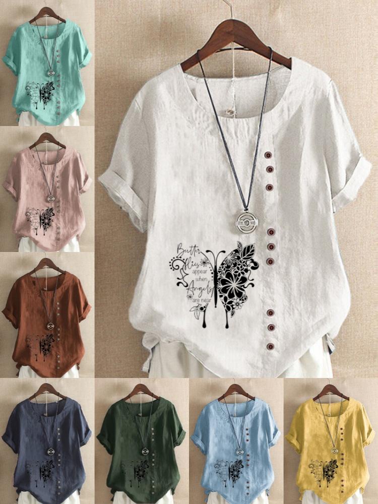 

Women s Fashion Butterfly Prined Short Sleeve T-shirt Loose Cotton Shirt Casual Loose Summer Blouse Tops Plus Size S