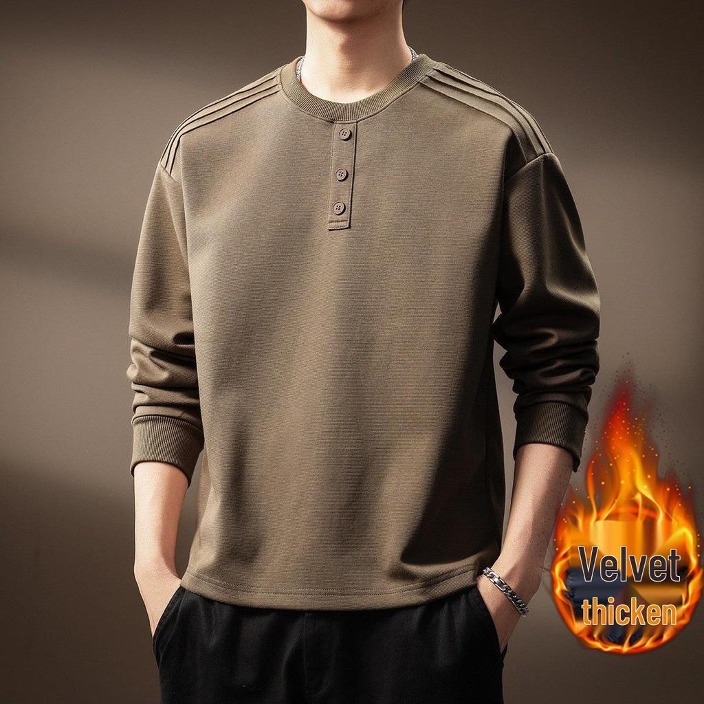 Luxury 300g Heavyweight Men's Henley Collar Pleated Hoodie - Autumn American Trend T-Shirt with Long Sleeves