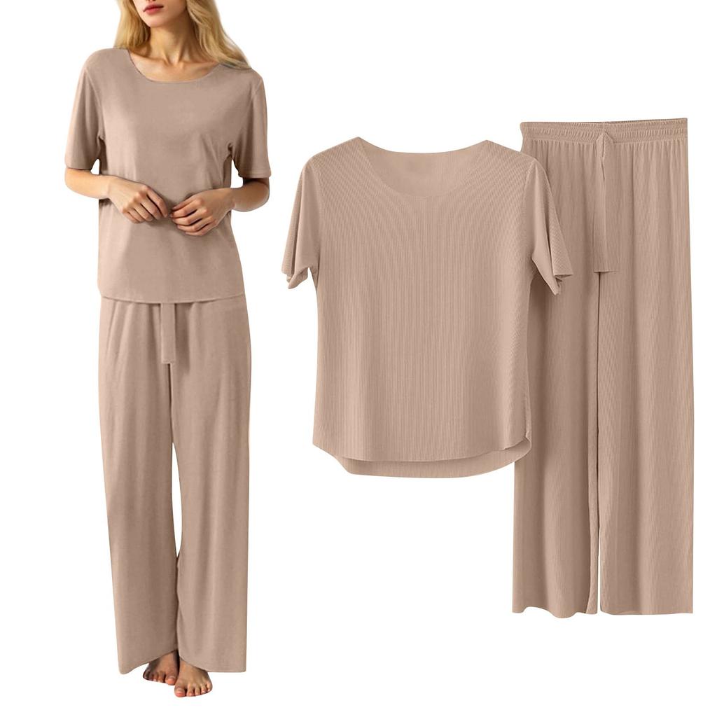 Ladies Casual Pajamas Set Solid Color Round Neck Short Sleeve Top Nine Minute Pants Two Piece Set