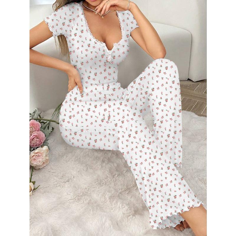 VEZFAA Women's Fashion Casual Summer Spring Flower Pattern Print Short Sleeve V-Neck Trousers Pants Suits