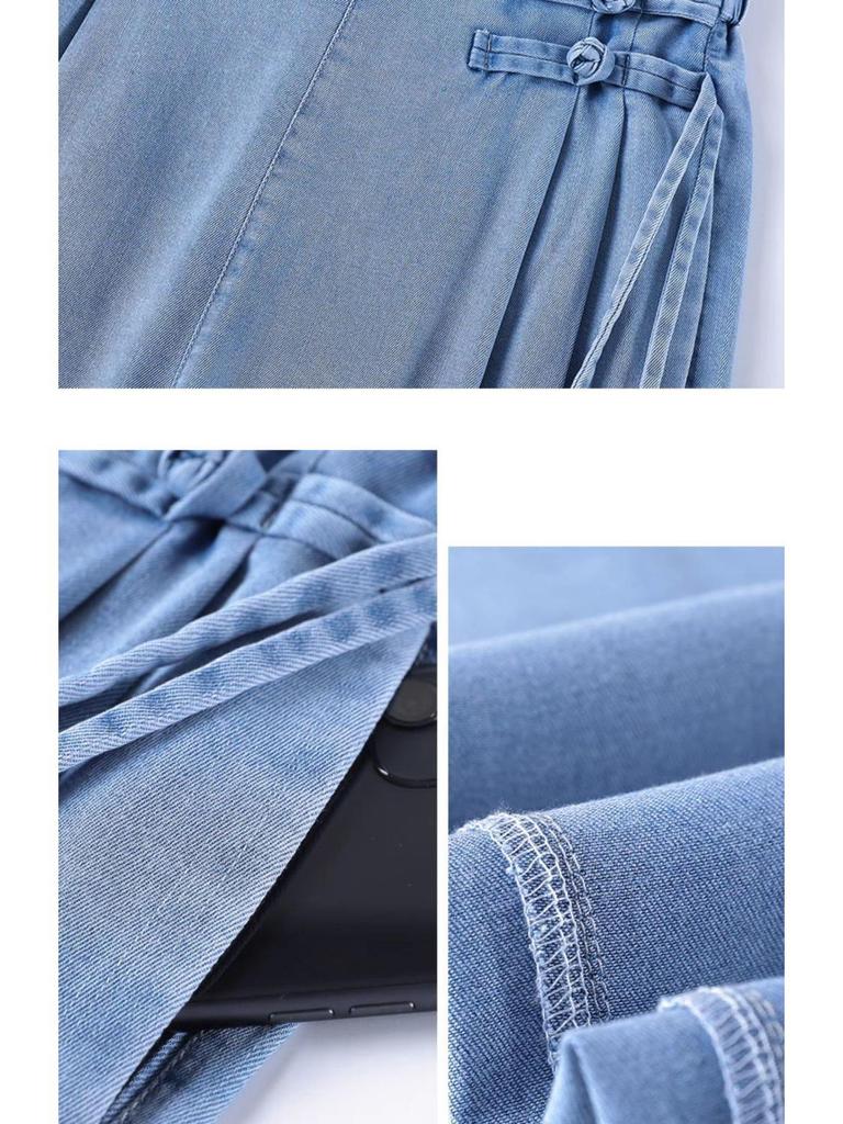 Women's National Style Tencel Button-Up Wide-Leg Jeans - 2026 Summer Slim Straight Casual Pants
