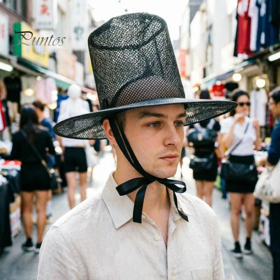 Breathable Costume Hat Vintage Korean Gat Hat, Black Mesh Wide Brim Joseon Dynasty Crisp Fabric Scholar with Neck Strap, Halloween Cosplay Accessory