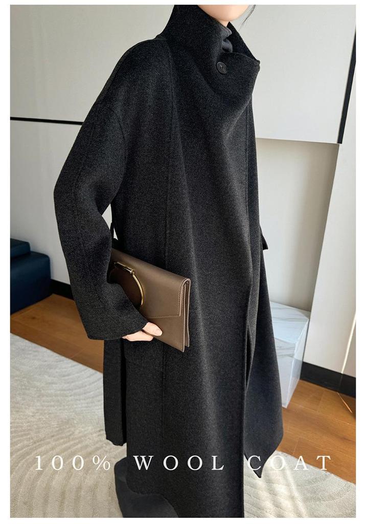 Elegant Mid-Length Velvet Wool Coat - Women's Korean Style Loose Fit with Stand Collar
