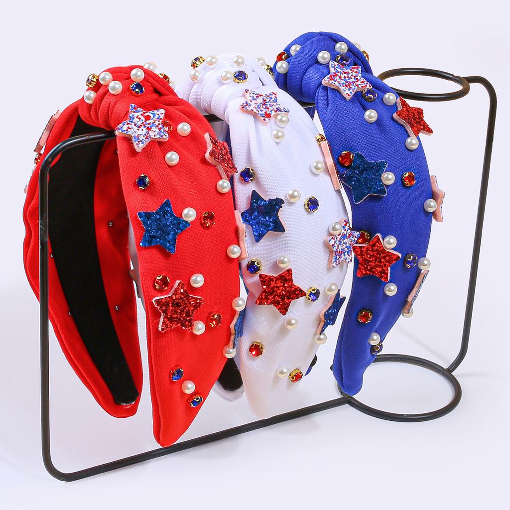 USA Independence Day Star Headband for Women Girls Crystal Pearl Headbands Hairbands Bowknot Headband Holiday Hair Accessories