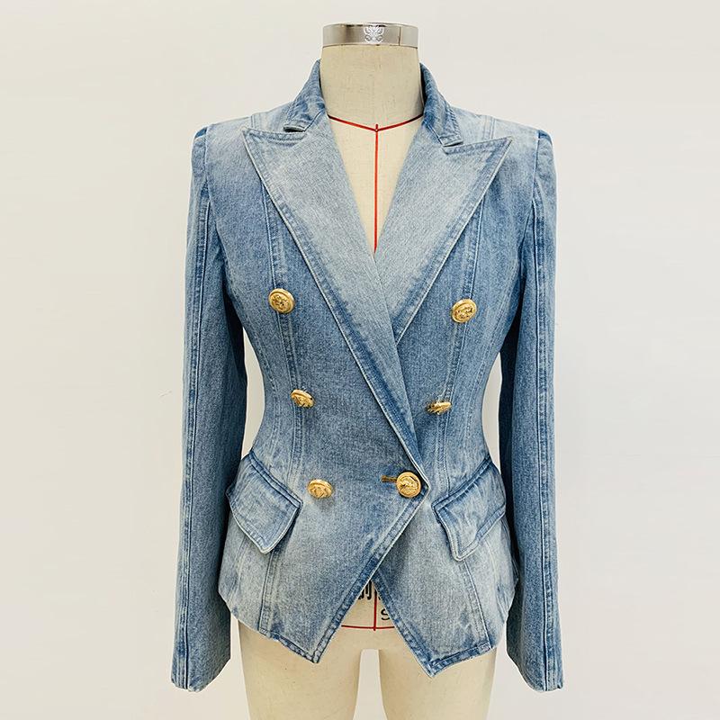 Women Double-breasted Buttons Slim Denim Blazers Spring Fashion Denim Jacket