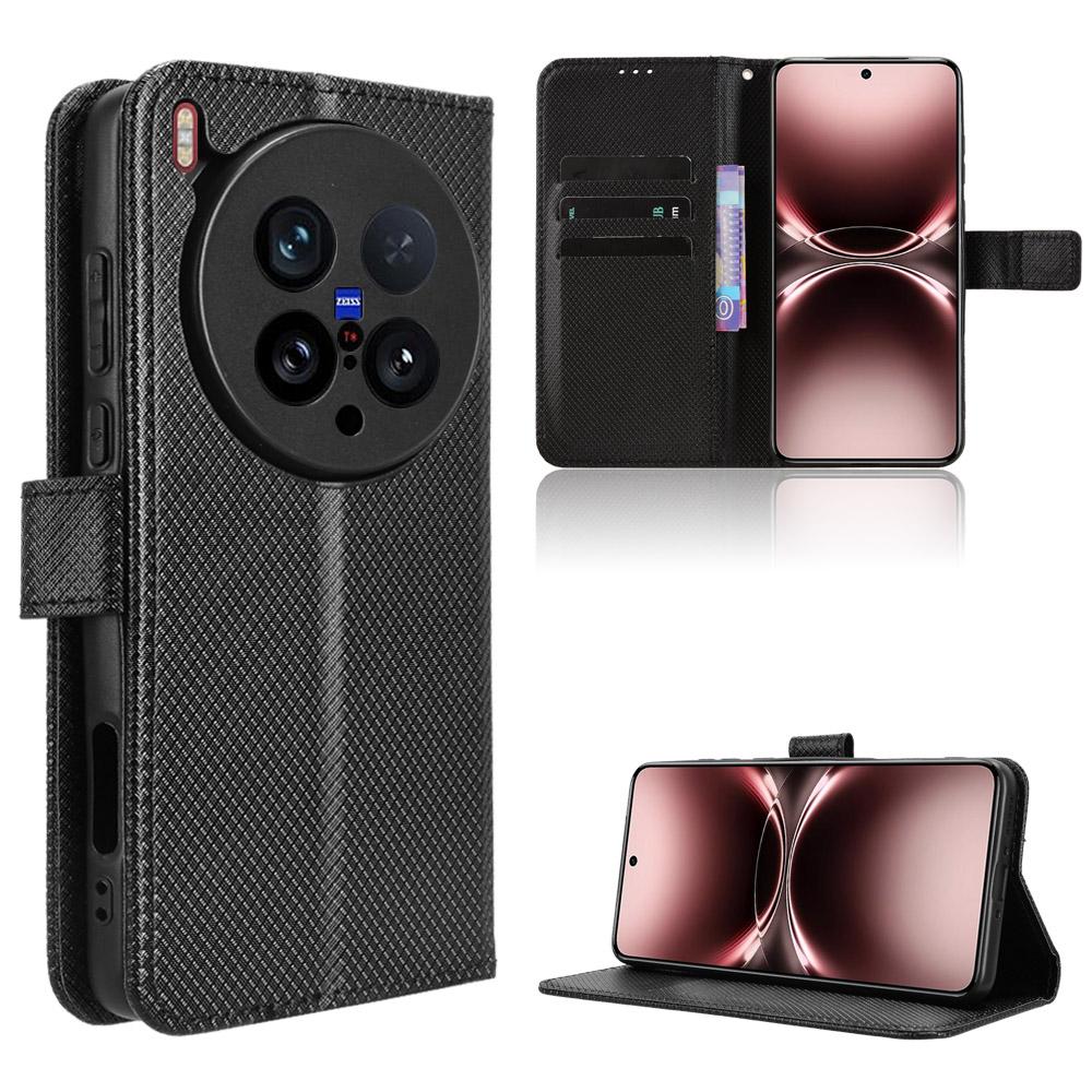 For Vivo X200 Ultra 5G Leather Wallet Case with Strap Diamond Texture Phone Cover