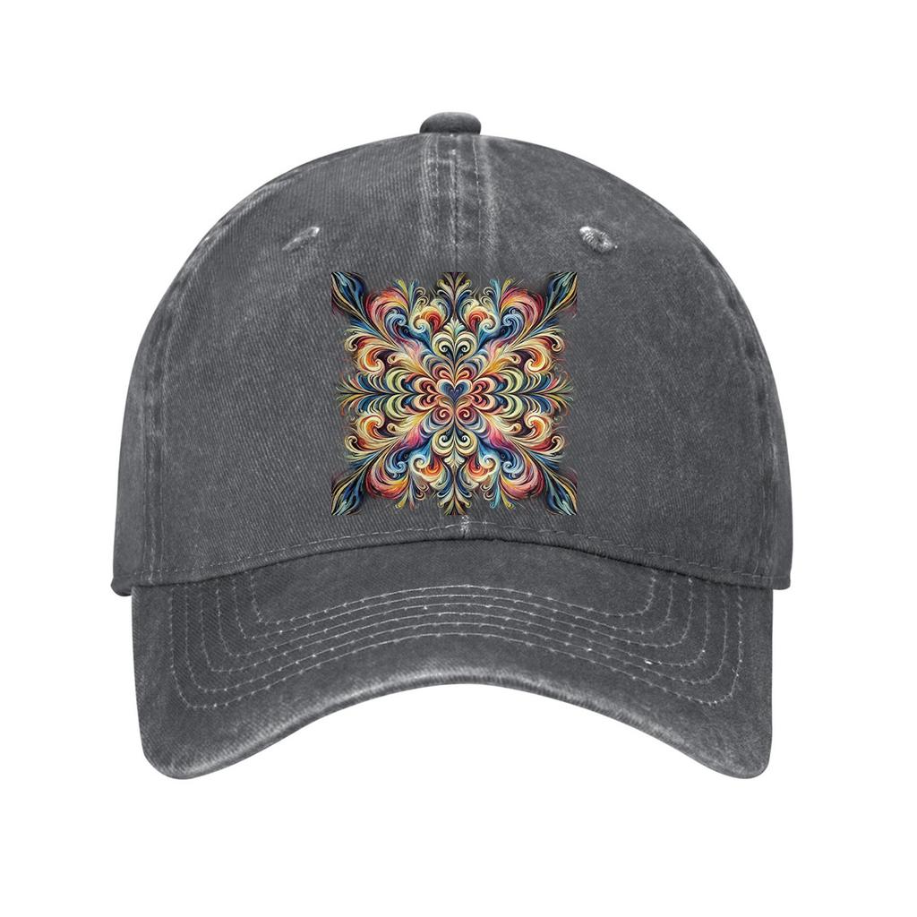 Vibrant Mandala Print Washed Denim Baseball Cap Psychedelic Abstract Curved Brim Adjustable Dad Hat Unisex