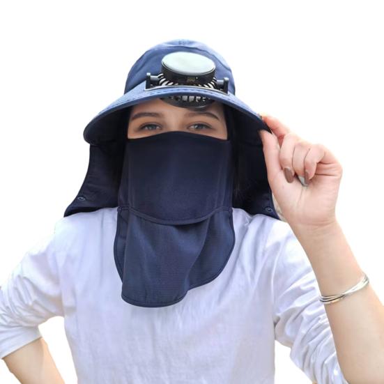 

Шляпа от солнца с широкими полями и вентилятором для мужчин и женщин, уличная шляпа-ведро для рыбалки с клапаном для шеи и защитой для лица для пеших прогулок и кемпинга темно-синий