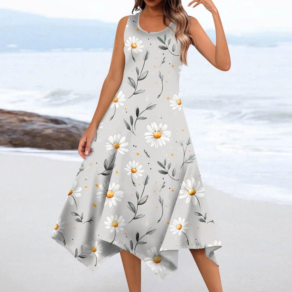 Lässiges, modisches Damen-Midikleid mit Rundhalsausschnitt, ärmellos, Blumendruck, unregelmäßiger Saum