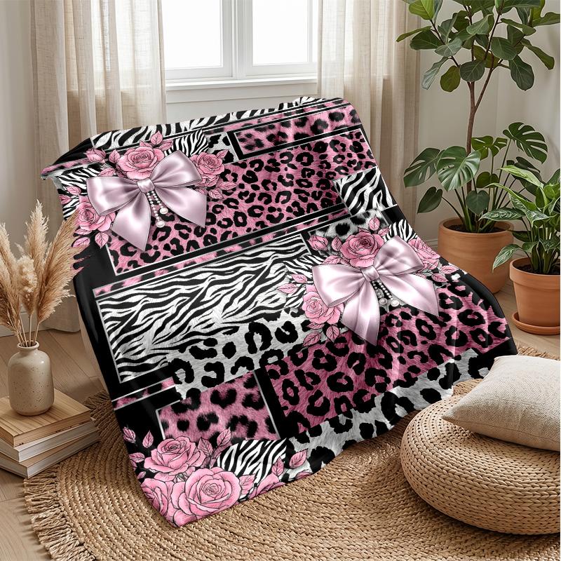 Pink Animal Print Bow Theme Blanket Lightweight Warm Flannel Blanket Decorative Throw Blanket for Home Decoration