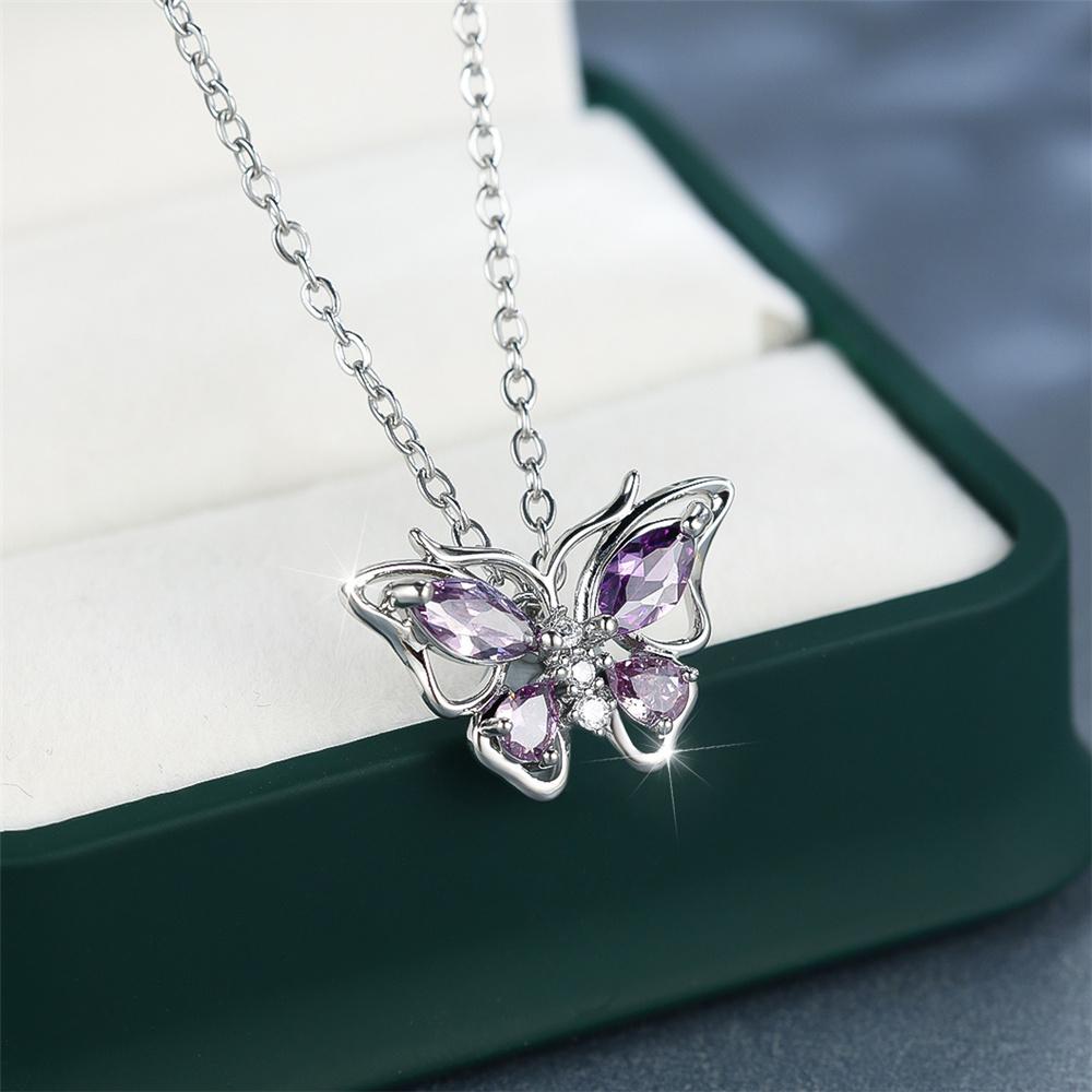 Female Crystal Zircon Purple Stone Butterfly Pendant Necklace Vintage Silver Color Wedding  For Women