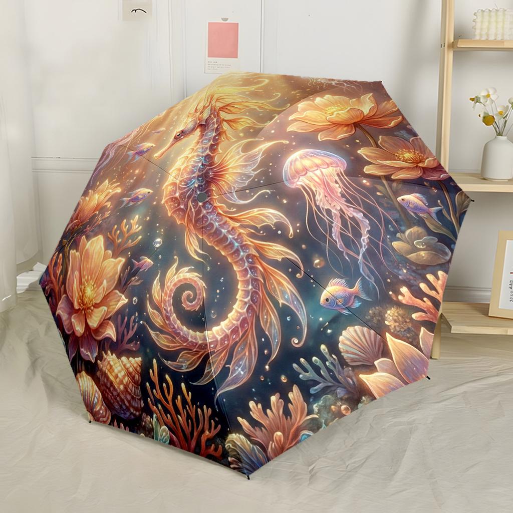 Colorful Seahorse Artwork Automatic Umbrella Compact 8 Rib Lightweight Durable Plastic Iron All Season Use Fashion Lovers Gift for Festivals