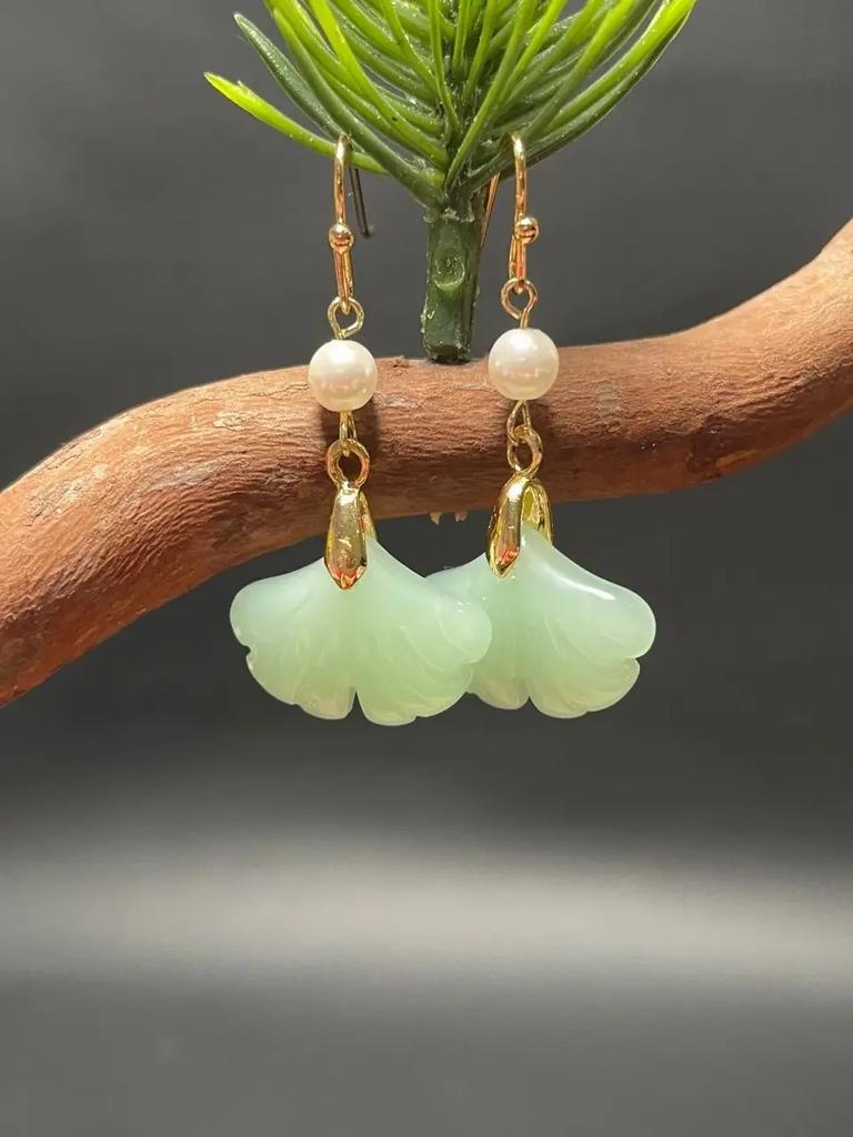 Vintage 14K Gold HeTian Jade RuYi Dropping Dangle Earring Chinese Retro Hook Earrings for Women Girl's Gift Jewelry