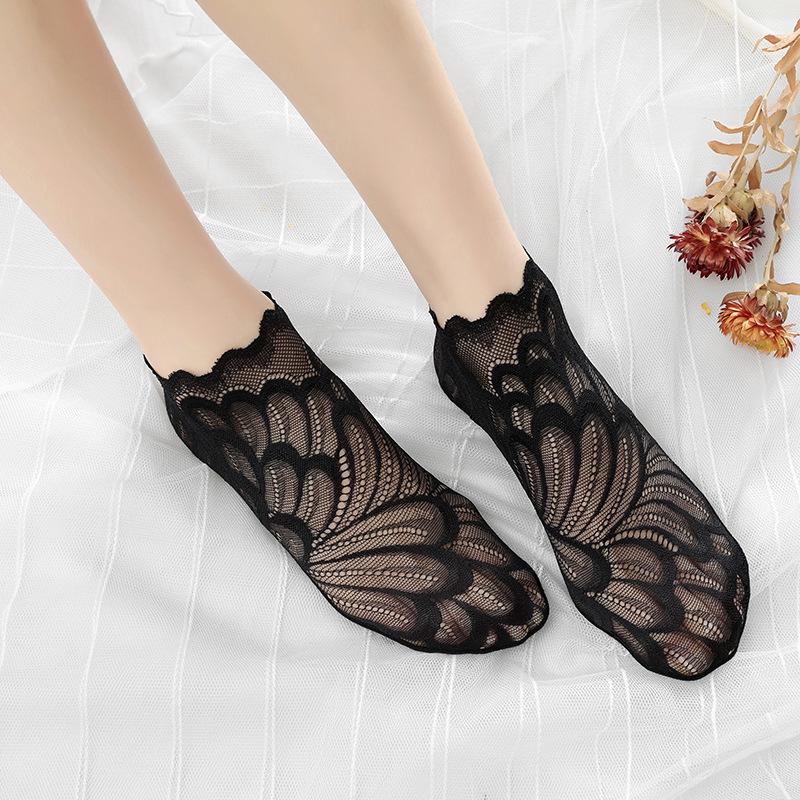 Women s Japanese Lace Trim Mesh Low-Cut Socks - Spring/Summer Mid-Calf Cotton Blend One Size чёрный