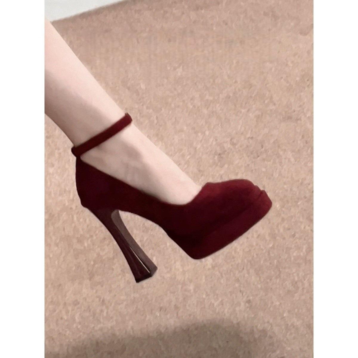 First encounter with season burgundy word with waterproof table covering ancient thick heel Mary Jane shoes beautiful little man 40
