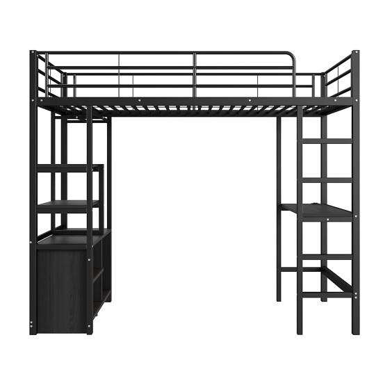 Metal Bed Loft Bed 90x200cm No Mattress with Desk Socket And USB Children Multiple Shelves Open Storage Cabinet Railing Ladder Iron