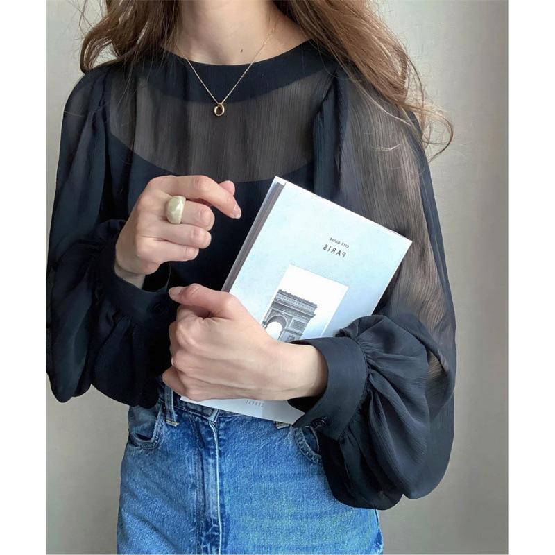 Women S Chiffon Loose Round Neck Lantern Sleeve Shirt Beach Travel Blouse M