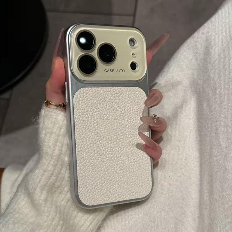 Leather Texture Drop-Proof Case for iPhone 14/15/16/17 Pro Max - Solid Color Design.