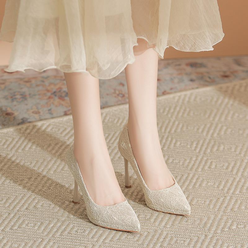 Champagne wedding shoes women's waterproof table bridal high heels women's satin simple temperament light mouth fine heel not tired feet