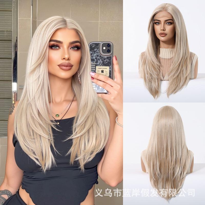 * HD large area lace wig medium black brown long straight hair fashion full hood lace Wig