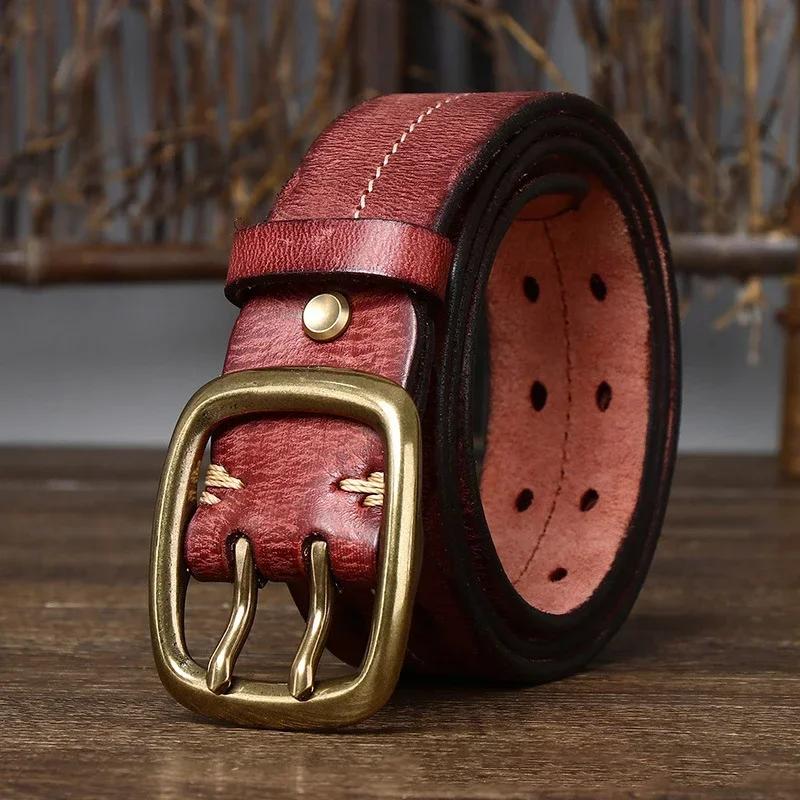 

3.8cm Pure Cowskin Genuine Leather Belt Men Copper Double Needle Pin Buckle High Quality Luxury Male Strap Jeans Military Belt 125cm