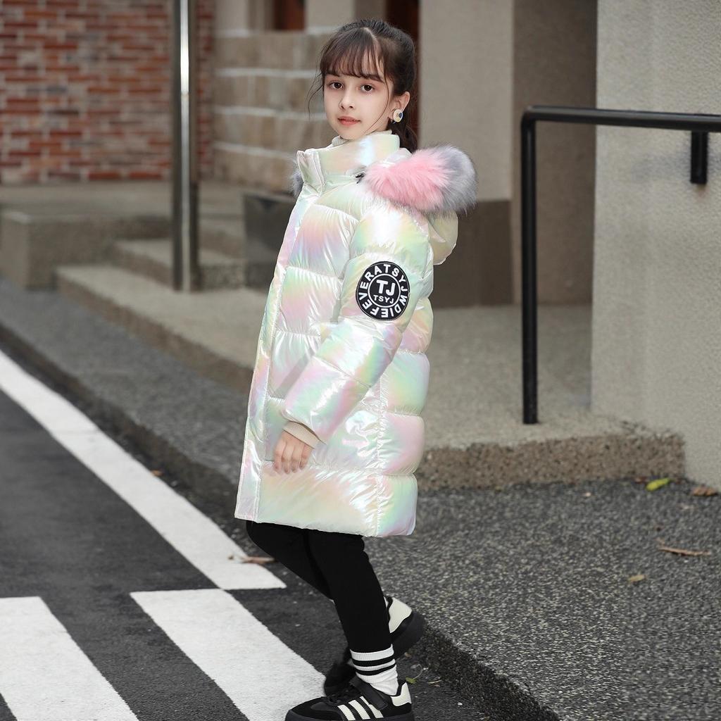 Girls' winter cotton-padded clothes, thickened cotton-padded warm colorful hooded down cotton-padded clothes, children's leave-in long cold-proof 