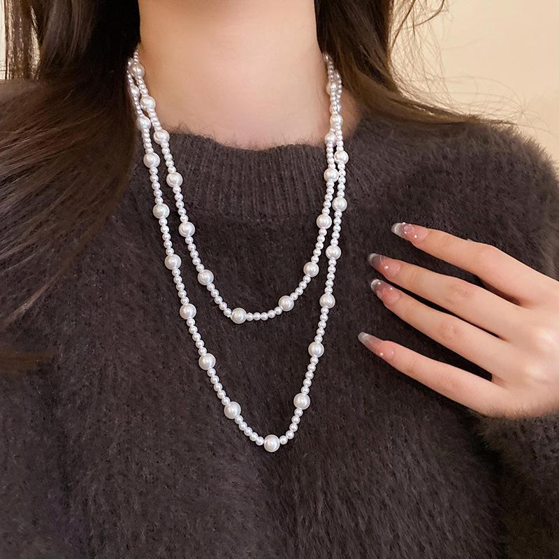 Bead White Pearl Necklace French Retro Elegant Temperament Double Layer Sweater Chain Fashion Temperament High Sense Necklace