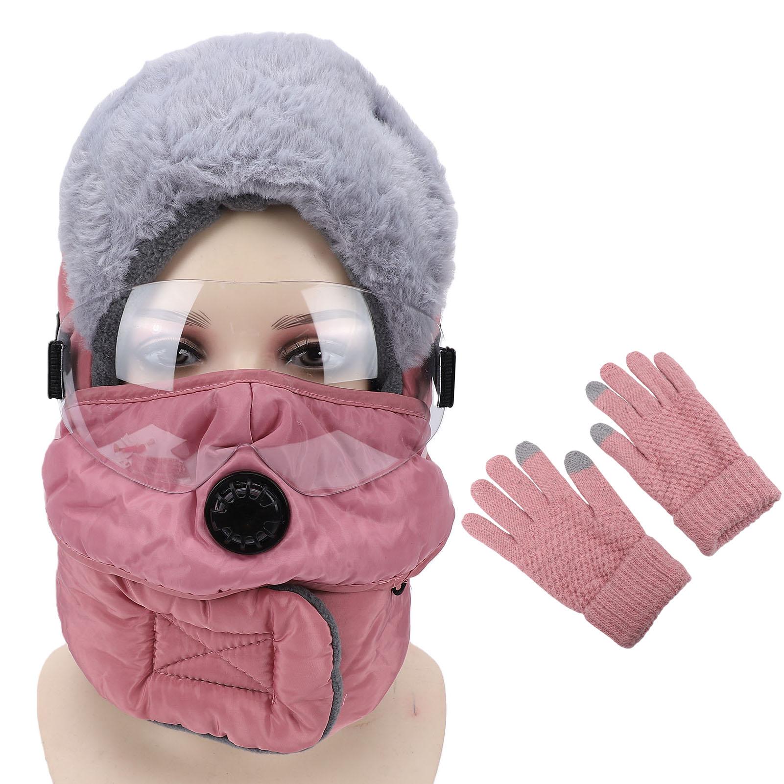 Winter Thermal Trapper Hat Windproof Water Proof Full Coverage Insulated Winter Hat with Goggles Gloves for Men Women Pink