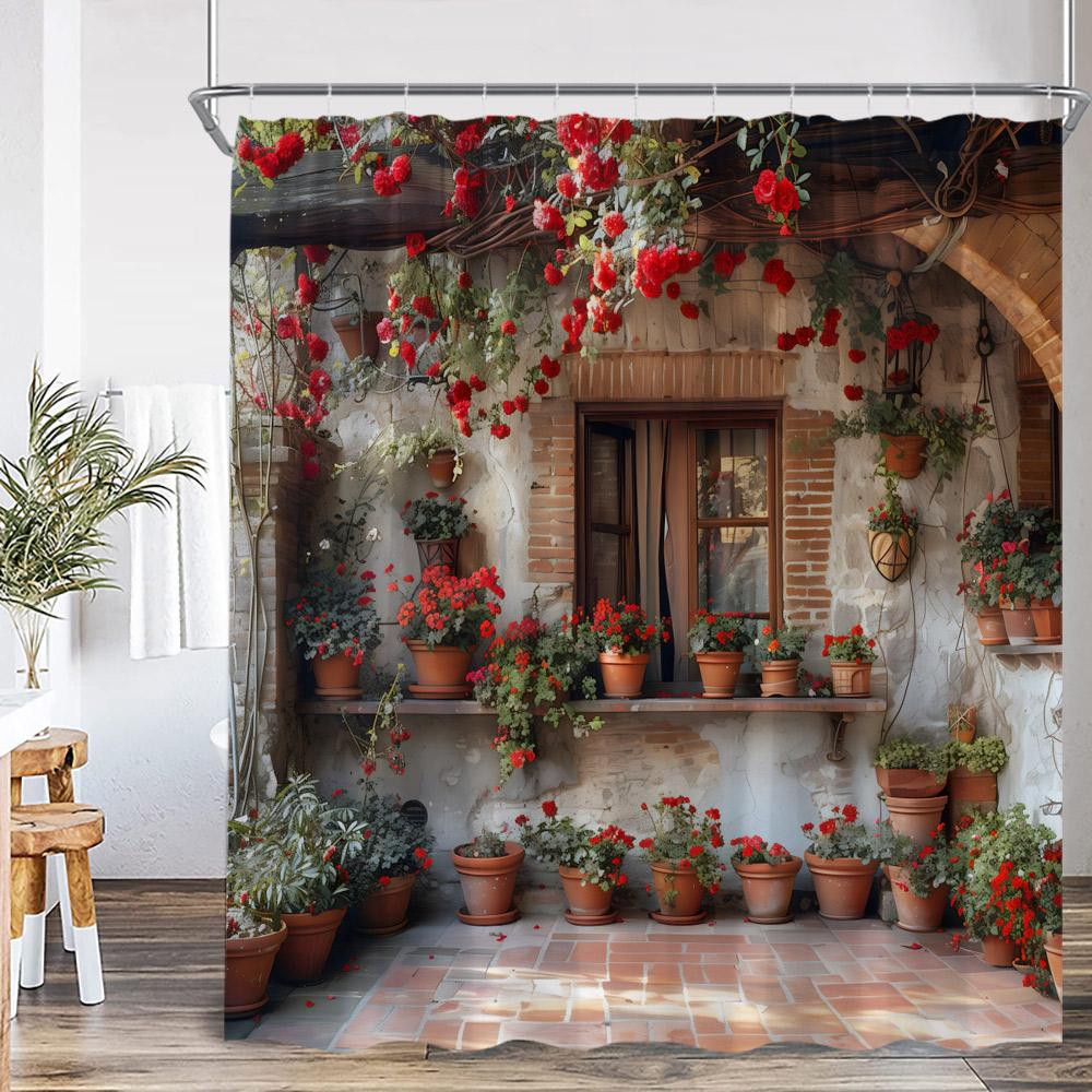Italienischer Street View Duschvorhang Grüne Ranke Rote Rose Fensterbank Außenpflanze Europäische Badezimmerdekoration Polyester Duschvorhang
