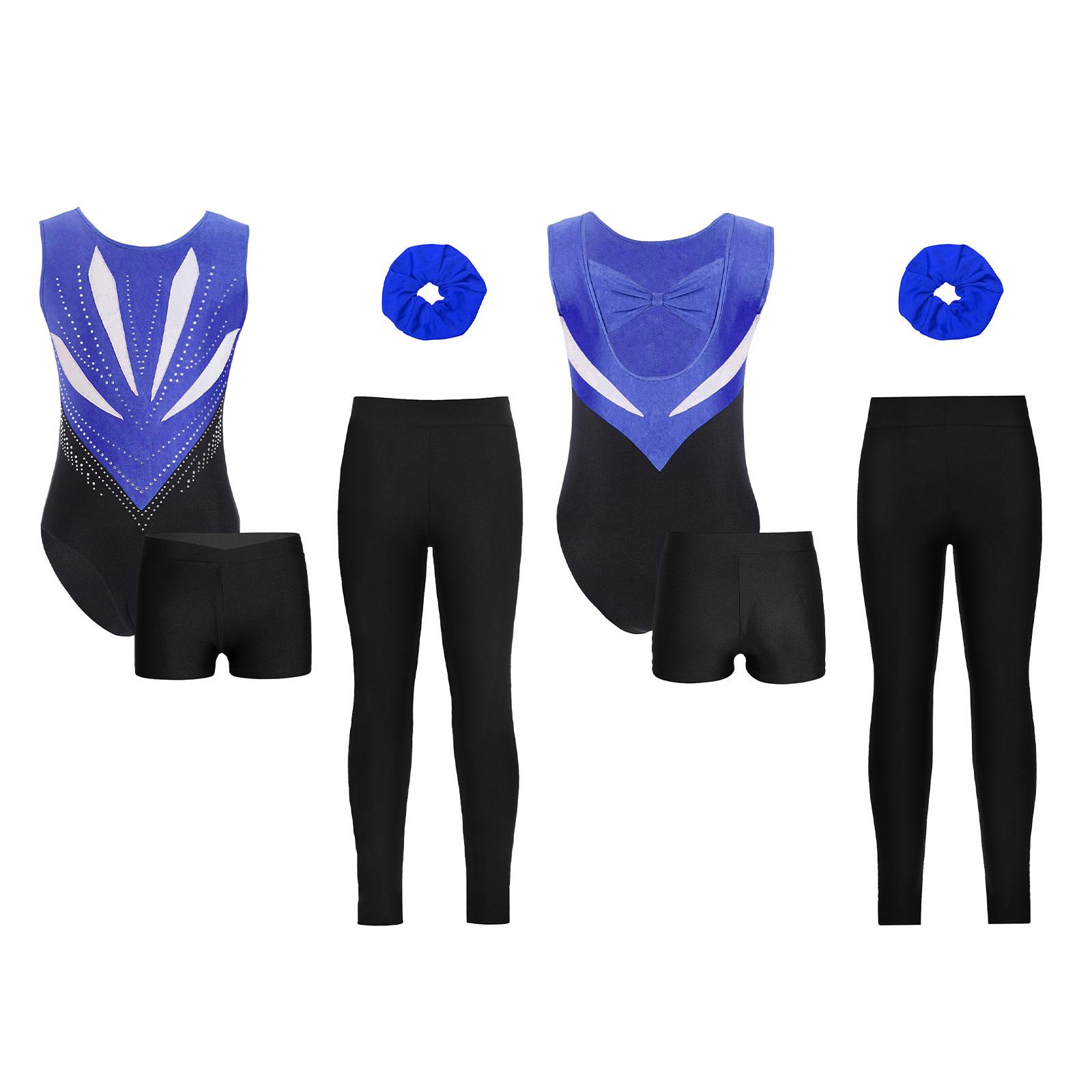 

4 шт./Комплект Дитячий Гімнастичний Костюм для Дівчаток Без рукавів з Бантом, Вирізом на Спині, Блискучими Стразами, Кольоровий Блок, Печворк Леотард зі Шортами, Легінси, Пов язка для Волосся