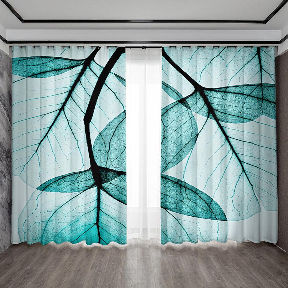 

2 шт. Шторы для украшения дома с сине-зелеными листьями и карнизными шторами, кухня, кофейня, гостиная, балкон, сад 75x166cm&Without mount
