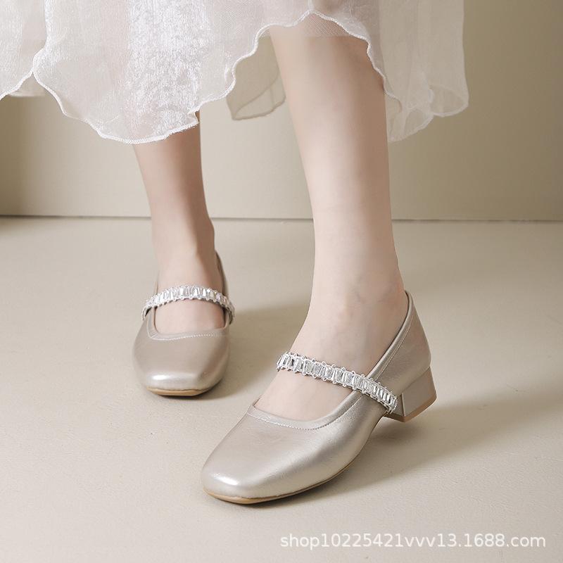 French Thick Heel Rhinestone Mary Jane Shoes Women's 2025 Summer and Autumn New Square Head Shallow Mouth Single Shoes Small Leather Shoes Evening 